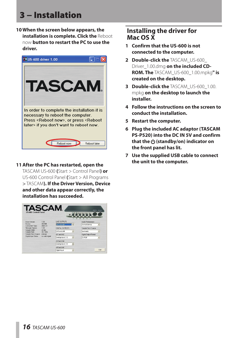 Installing the driver for mac os x, 3 − installation | Teac US-600 User Manual | Page 16 / 36