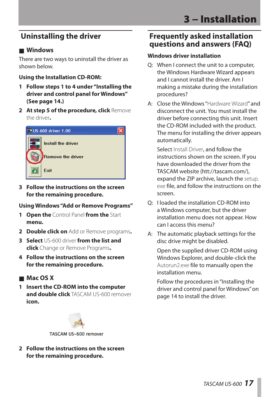 Uninstalling the driver, 3 − installation | Teac US-600 User Manual | Page 17 / 36