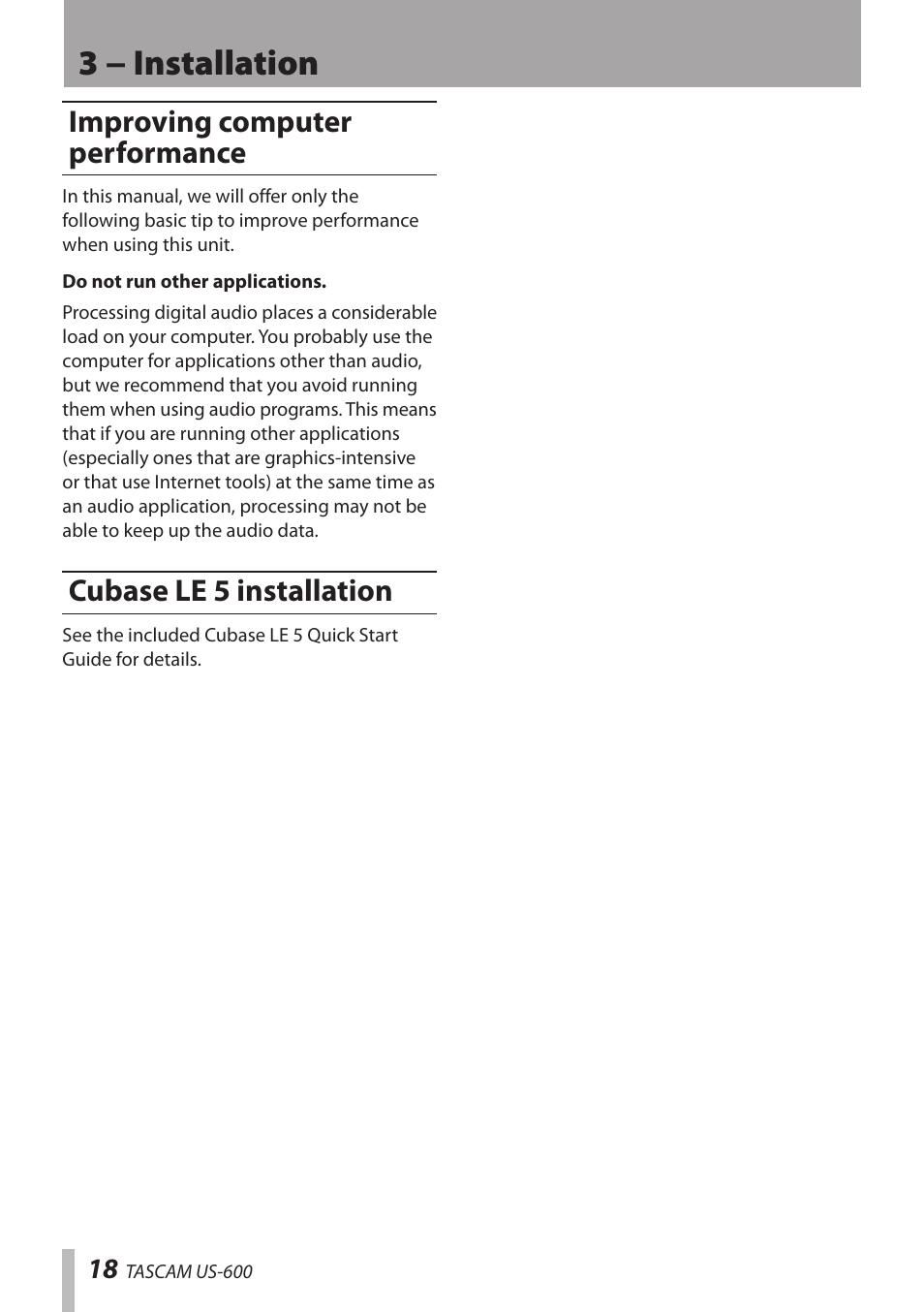 Improving computer performance, Cubase le 5 installation, 3 − installation | Teac US-600 User Manual | Page 18 / 36