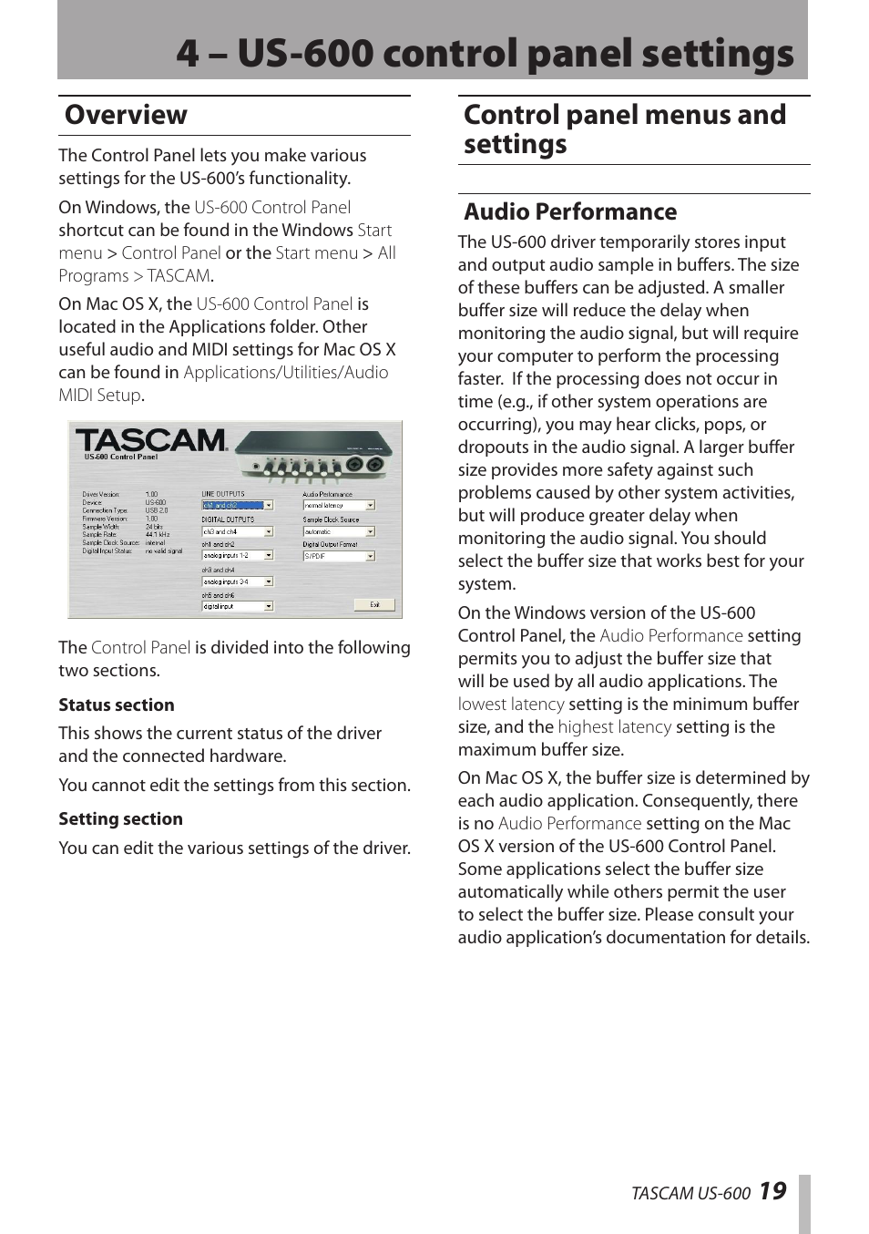 4 – us-600 control panel settings, Overview, Control panel menus and settings | Audio performance, Overview control panel menus and settings | Teac US-600 User Manual | Page 19 / 36