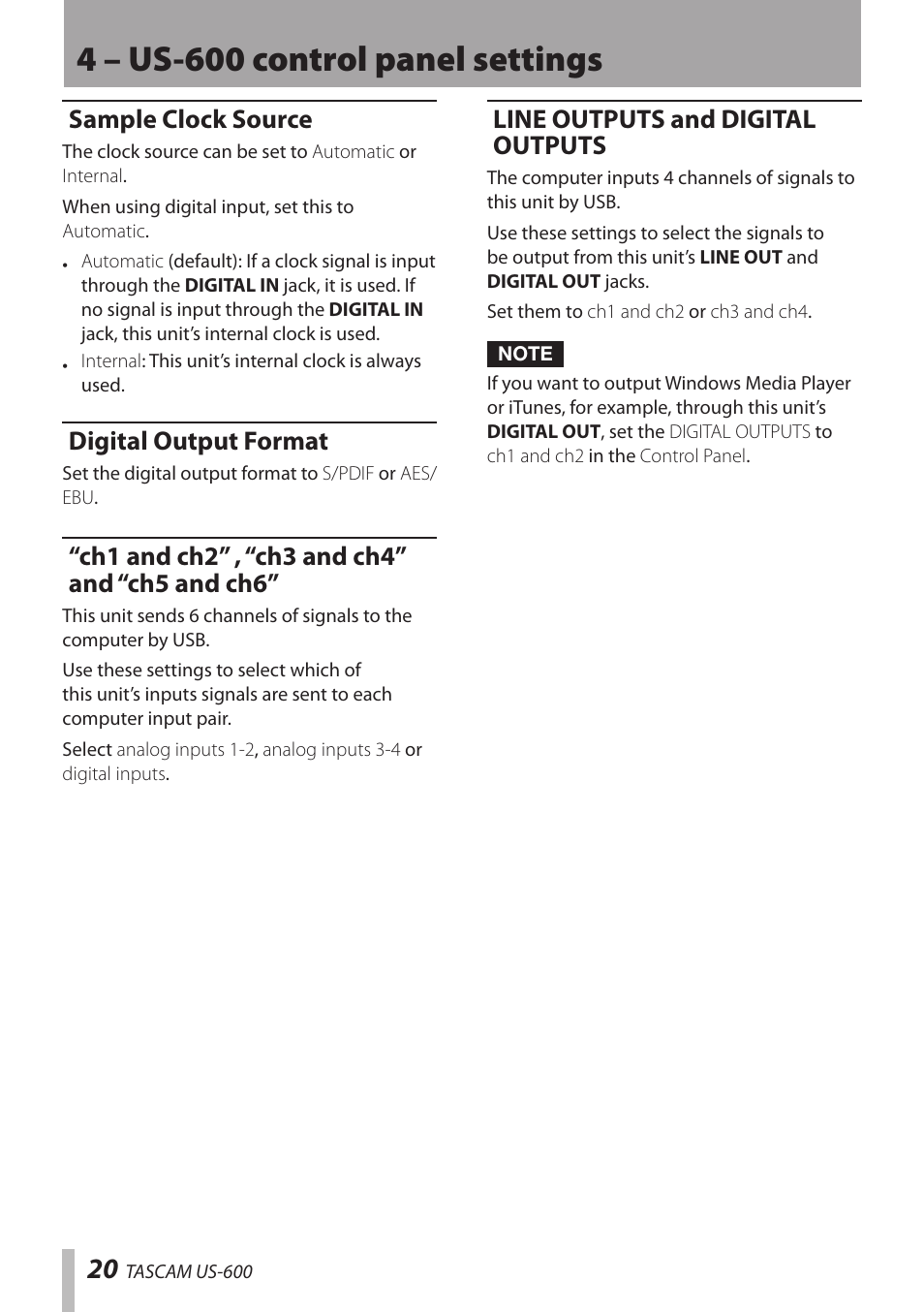 Sample clock source, Digital output format, Ch1 and ch2” , “ch3 and ch4” and “ch5 and ch6 | Line outputs and digital output, 4 – us-600 control panel settings, Line outputs and digital outputs | Teac US-600 User Manual | Page 20 / 36