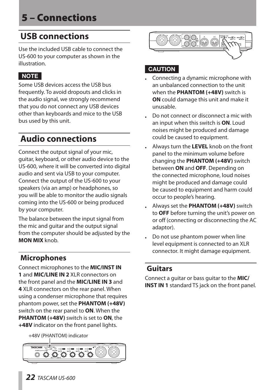 Usb connections, Audio connections, Microphones | Guitars, Usb connections audio connections, Microphones guitars, 5 – connections | Teac US-600 User Manual | Page 22 / 36