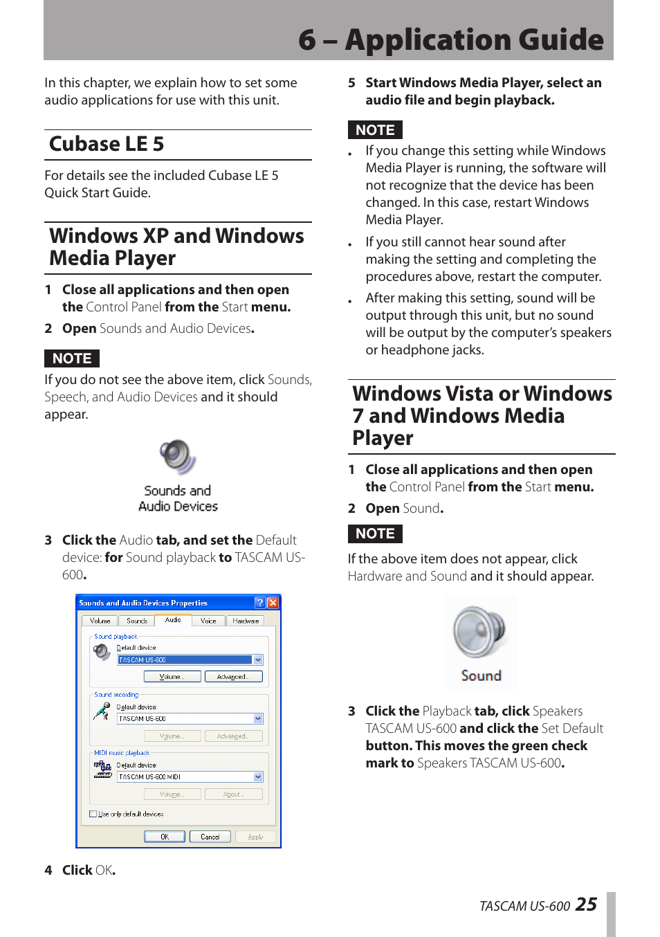 6 – application guide, Cubase le 5, Windows xp and windows media player | Teac US-600 User Manual | Page 25 / 36