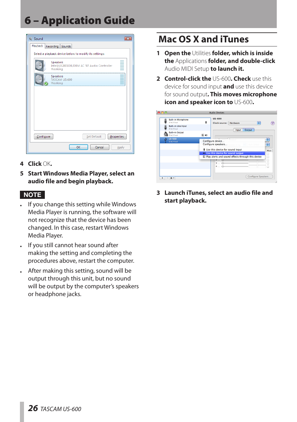 Mac os x and itunes, 6 – application guide | Teac US-600 User Manual | Page 26 / 36