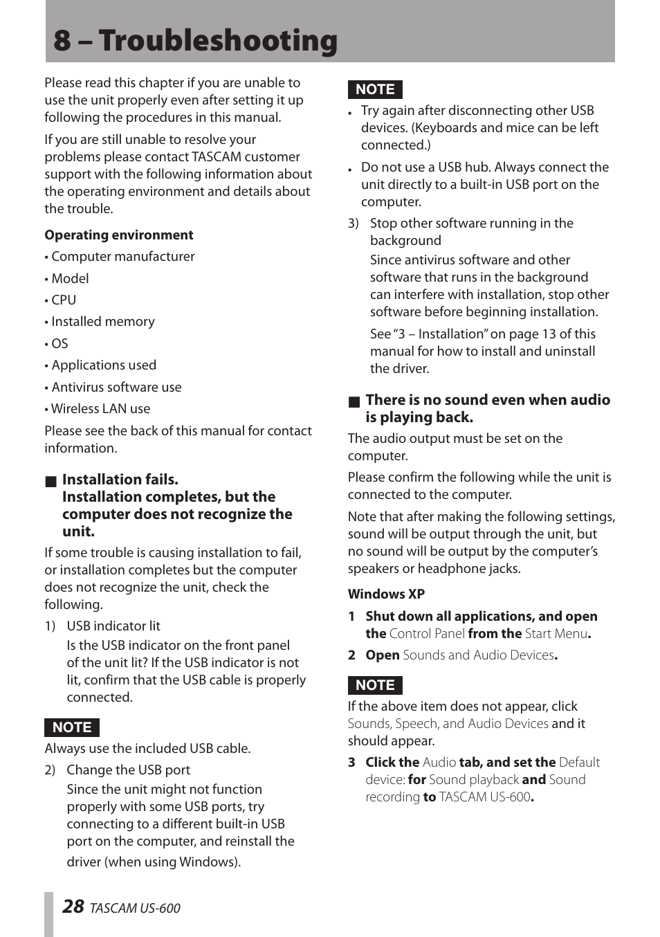 8 – troubleshooting | Teac US-600 User Manual | Page 28 / 36