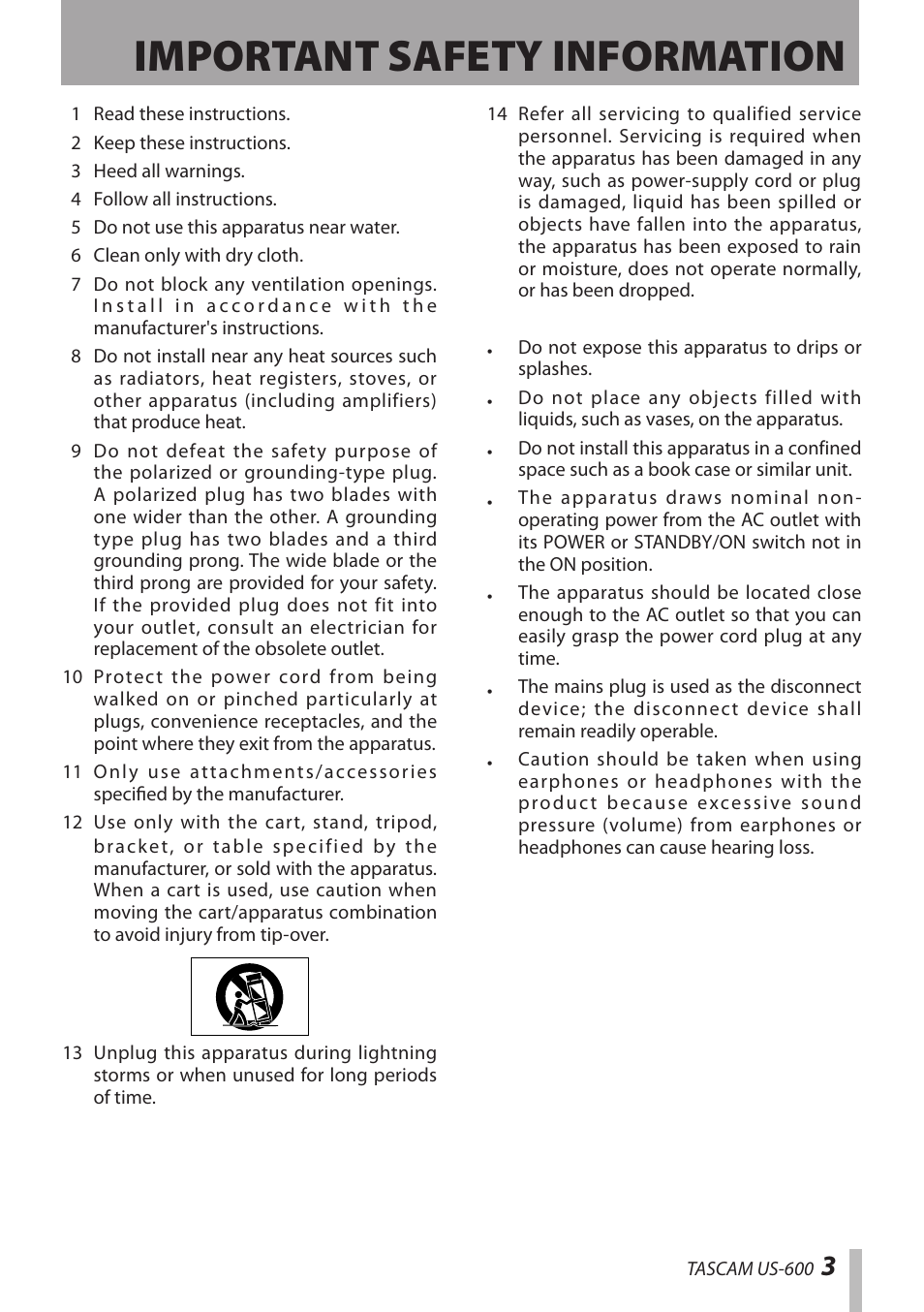 Important safety information | Teac US-600 User Manual | Page 3 / 36