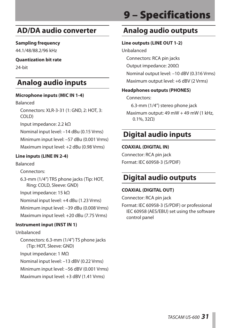 9 – specifications, Ad/da audio converter, Analog audio inputs | Analog audio outputs, Digital audio inputs, Digital audio outputs | Teac US-600 User Manual | Page 31 / 36