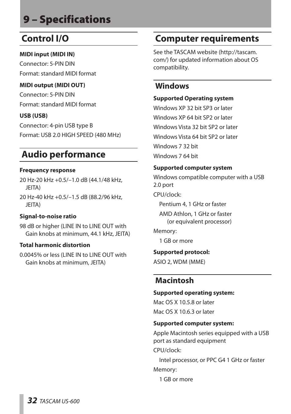 Control i/o, Audio performance, Computer requirements | Windows, Macintosh, Windows macintosh, 9 – specifications | Teac US-600 User Manual | Page 32 / 36