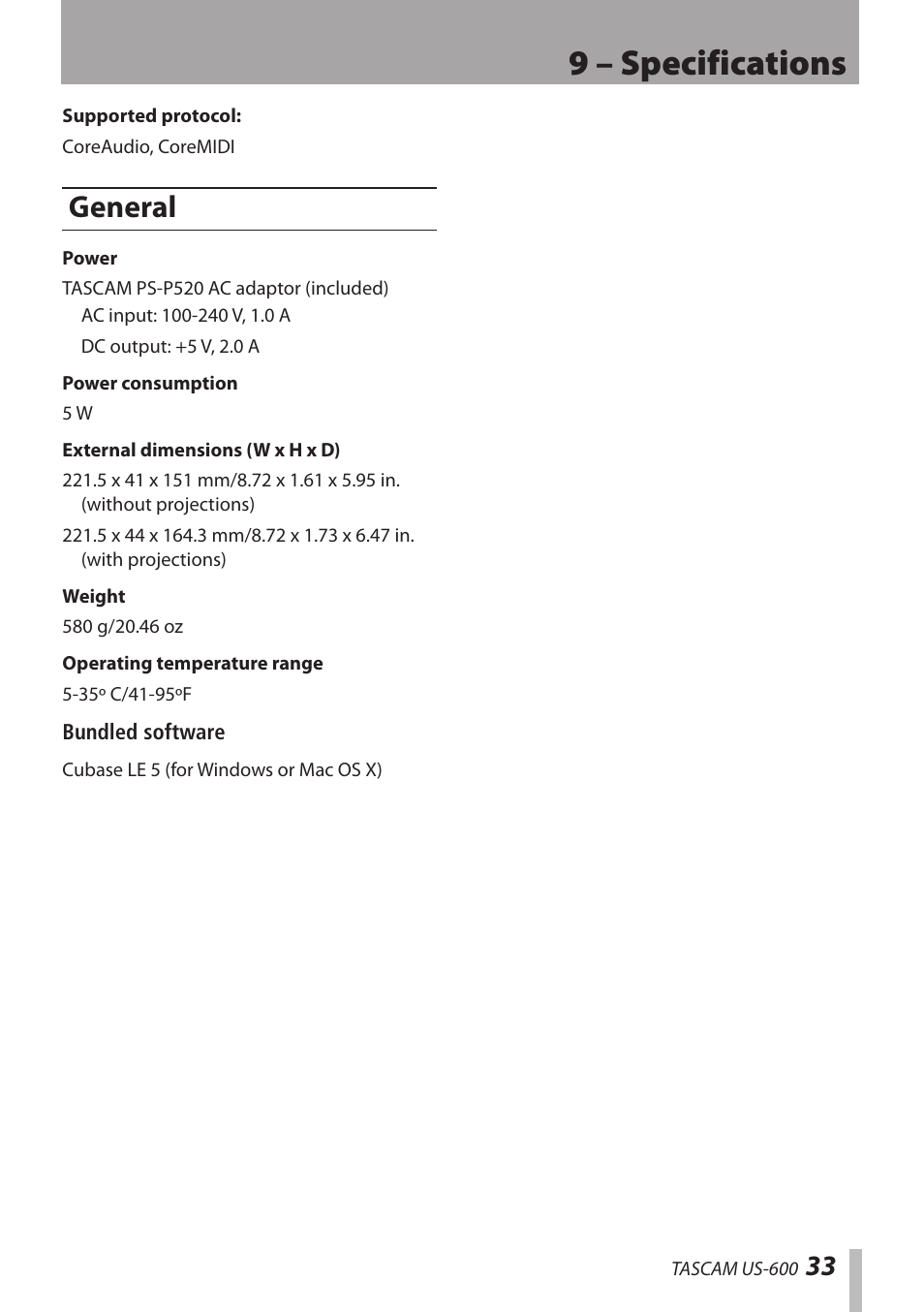 General, 9 – specifications | Teac US-600 User Manual | Page 33 / 36