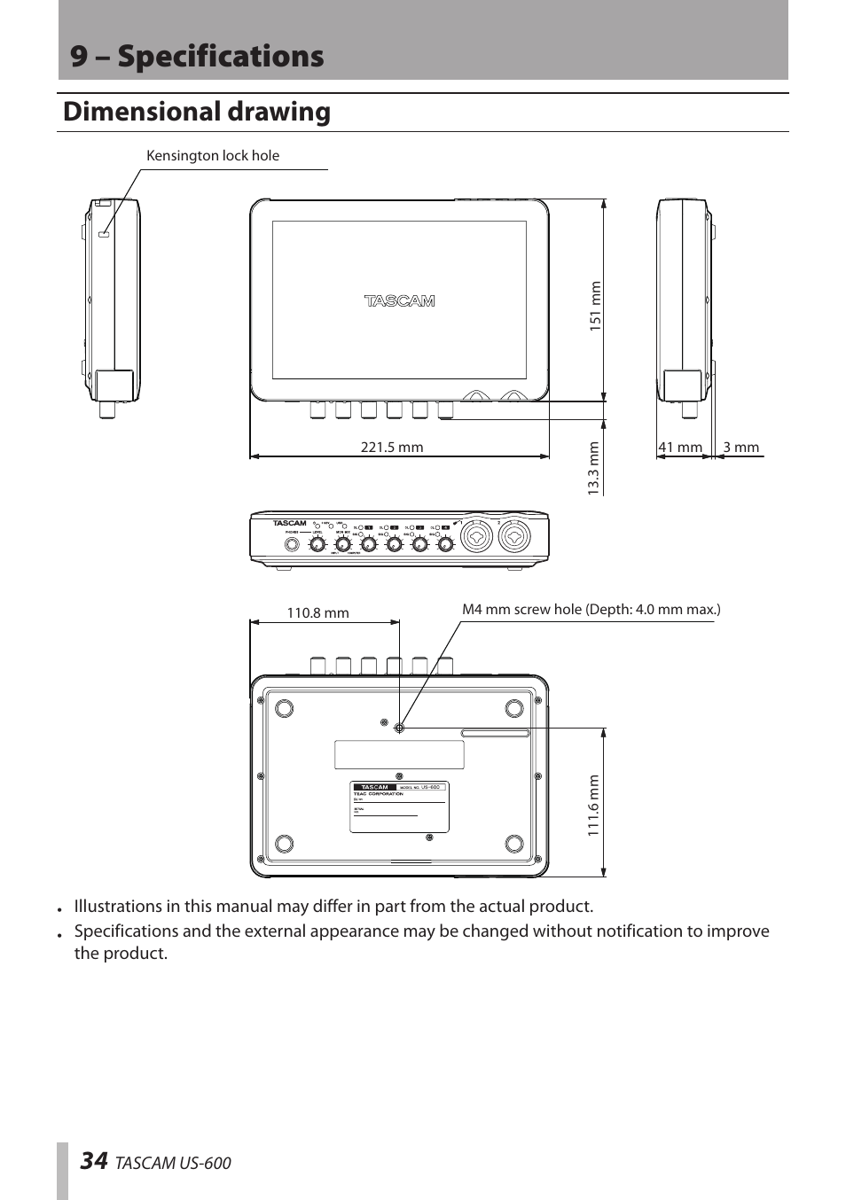 Dimensional drawing, 9 – specifications | Teac US-600 User Manual | Page 34 / 36