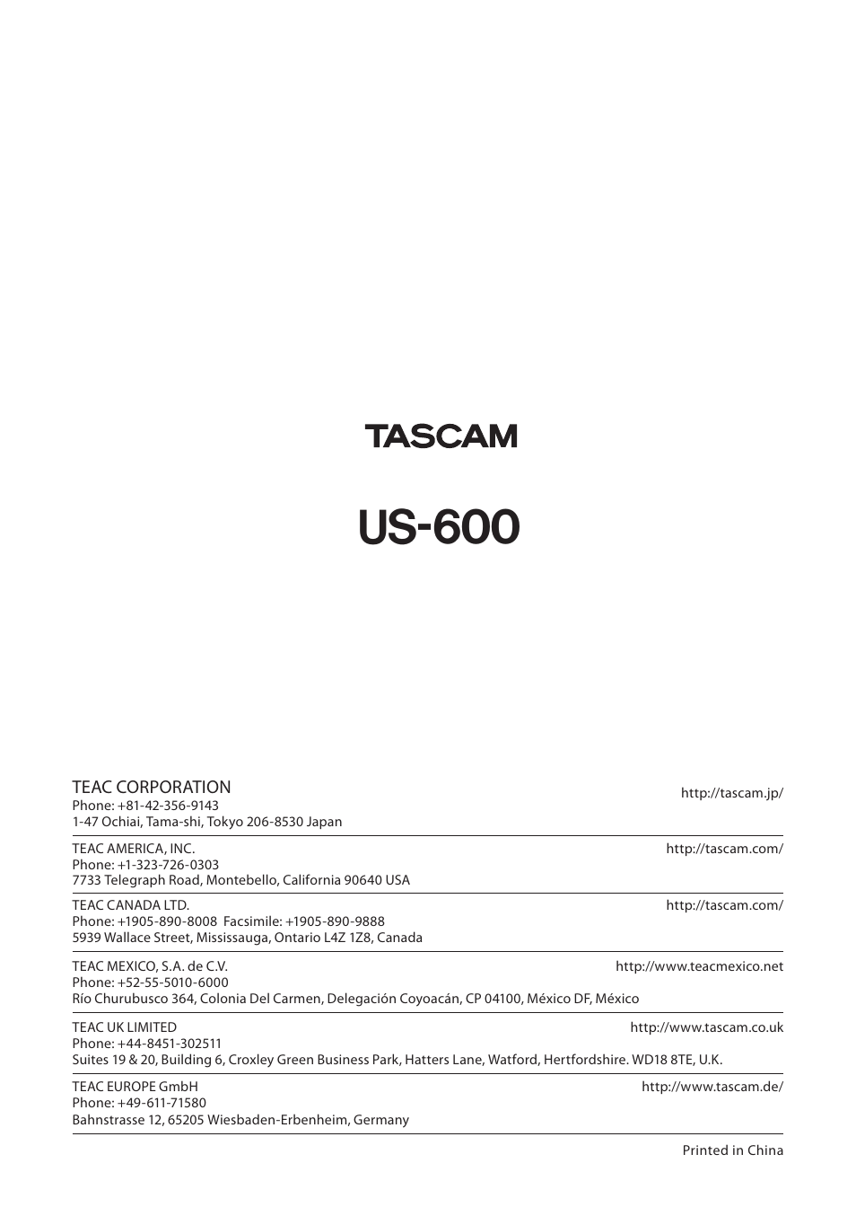 Us-600, Teac corporation | Teac US-600 User Manual | Page 36 / 36