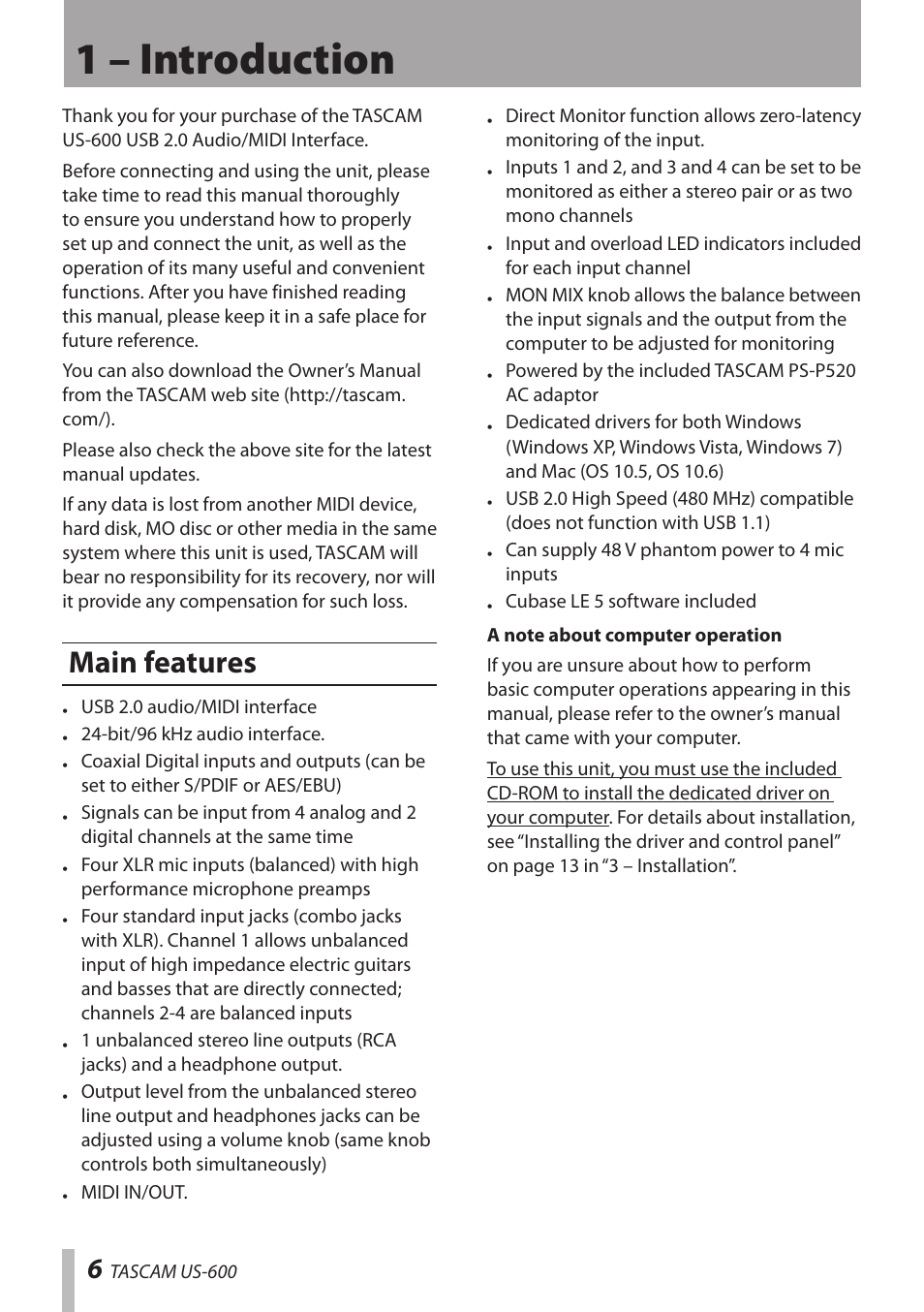 1 – introduction, Main features | Teac US-600 User Manual | Page 6 / 36