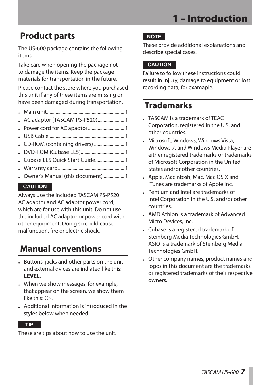 Product parts, Manual conventions, Trademarks | Product parts manual conventions trademarks, 1 – introduction | Teac US-600 User Manual | Page 7 / 36