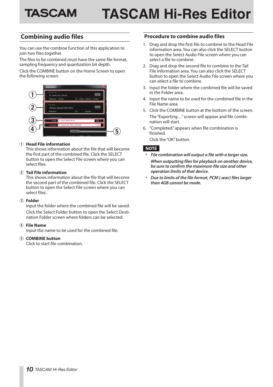 Combining audio files, Procedure to combine audio files, See “combining audio files” on | Tascam hi-res editor | Teac Hi-Res Editor User Manual | Page 10 / 14