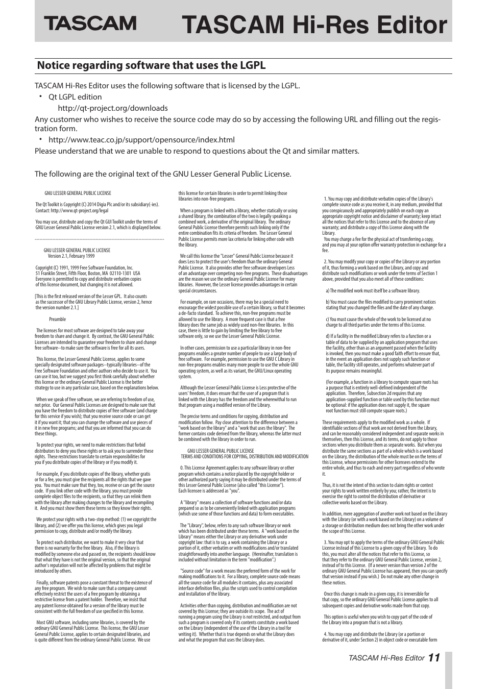 Notice regarding software that uses the lgpl, Tascam hi-res editor, 11 notice regarding software that uses the lgpl | Teac Hi-Res Editor User Manual | Page 11 / 14