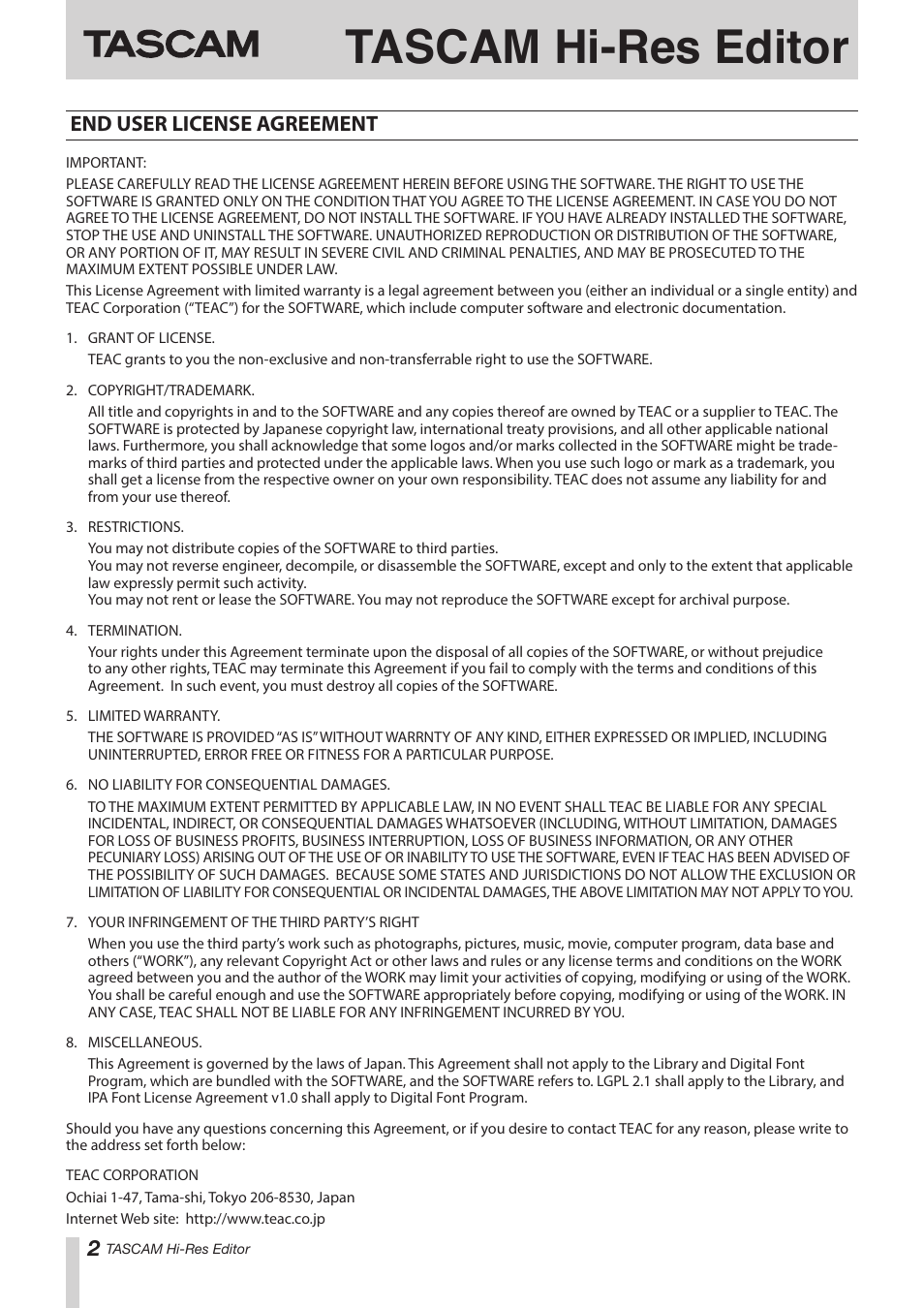 End user license agreement, Tascam hi-res editor | Teac Hi-Res Editor User Manual | Page 2 / 14