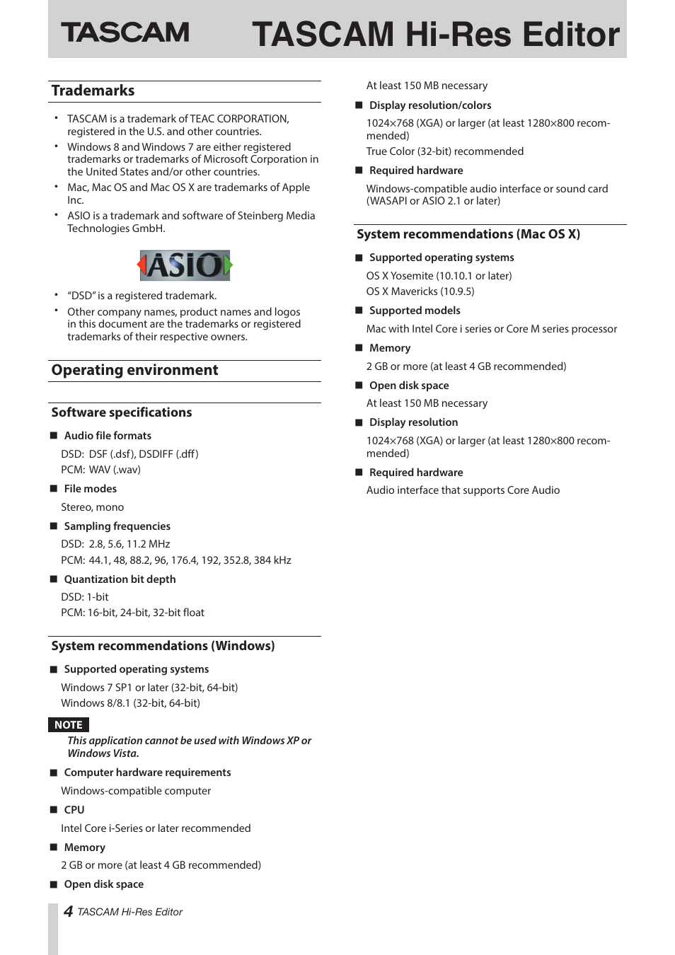 Trademarks, Operating environment, Software specifications | System recommendations (windows), System recommendations (mac os x), Trademarks operating environment, Tascam hi-res editor | Teac Hi-Res Editor User Manual | Page 4 / 14