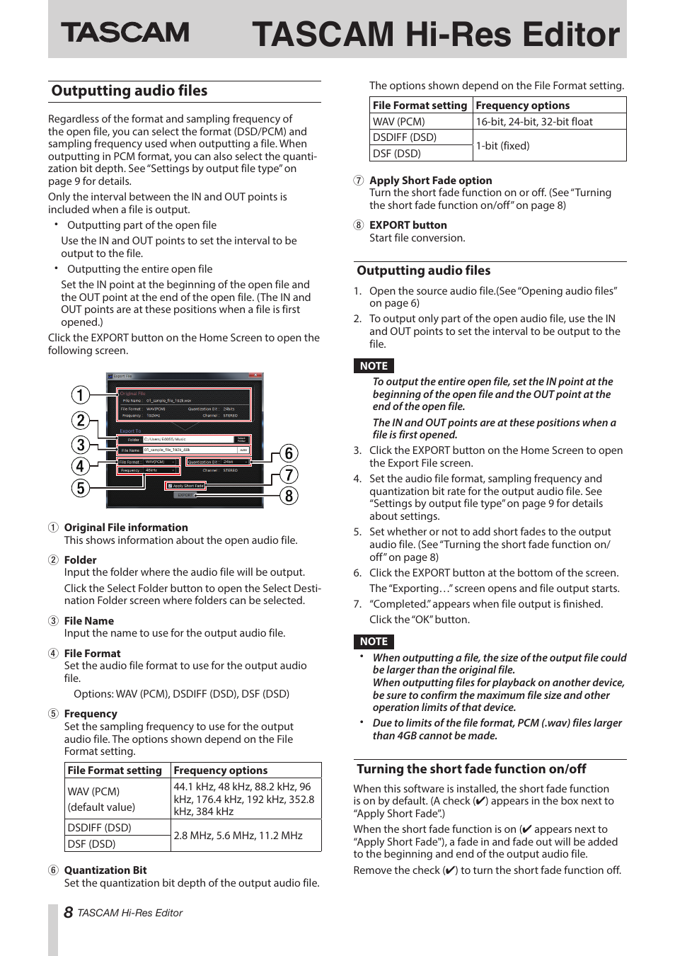 Outputting audio files, Turning the short fade function on/off, Tascam hi-res editor | Teac Hi-Res Editor User Manual | Page 8 / 14