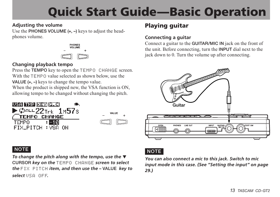 Playing guitar, Important safety instructions, Quick start guide—basic operation | Teac CD-GT2 User Manual | Page 13 / 44