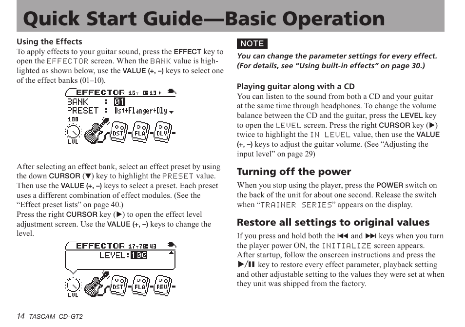 Turning off the power, Restore all settings to original values | Teac CD-GT2 User Manual | Page 14 / 44