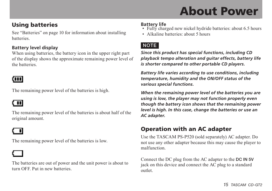 About power, Using batteries, Operation with an ac adapter | Important safety instructions | Teac CD-GT2 User Manual | Page 15 / 44