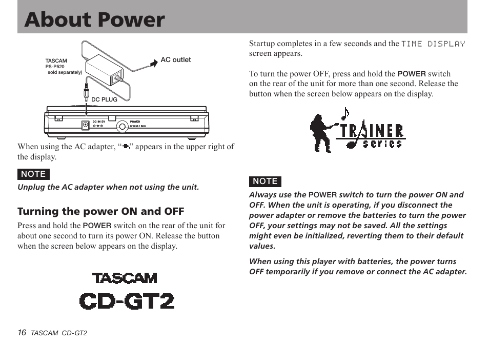 Turning the power on and off, Important safety precautions about power | Teac CD-GT2 User Manual | Page 16 / 44