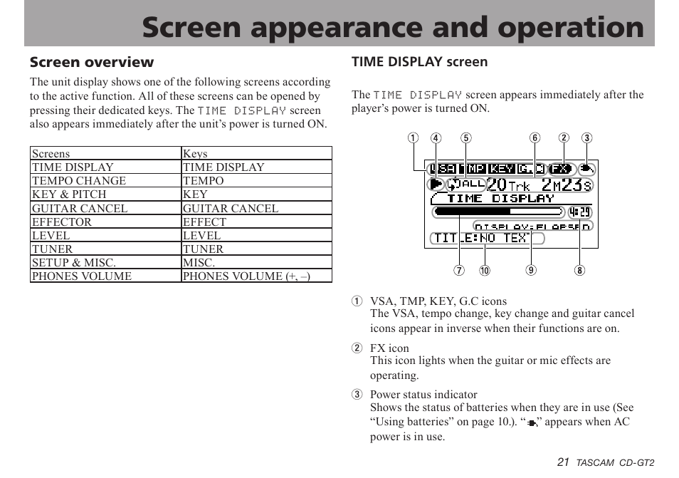 Screen appearance and operation, Screen overview, Time display screen | Important safety instructions | Teac CD-GT2 User Manual | Page 21 / 44