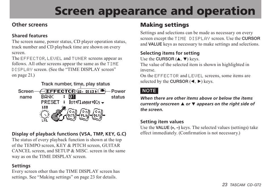 Other screens, Making settings, Important safety instructions | Screen appearance and operation | Teac CD-GT2 User Manual | Page 23 / 44