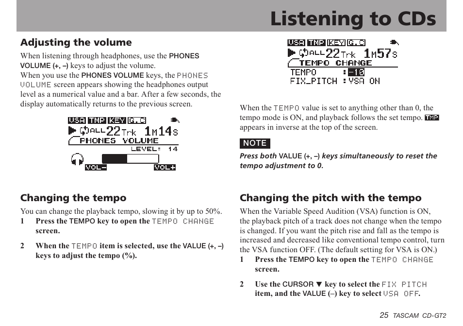 Adjusting the volume, Changing the tempo, Changing the pitch with the tempo | Important safety instructions, Listening to cds | Teac CD-GT2 User Manual | Page 25 / 44