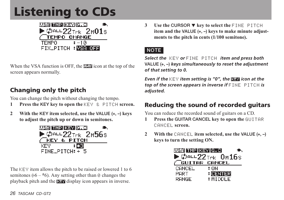 Changing only the pitch, Reducing the sound of recorded guitars, Important safety precautions listening to cds | Teac CD-GT2 User Manual | Page 26 / 44