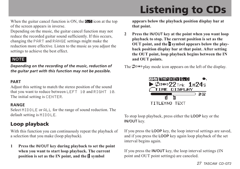 Loop playback, Important safety instructions, Listening to cds | Teac CD-GT2 User Manual | Page 27 / 44