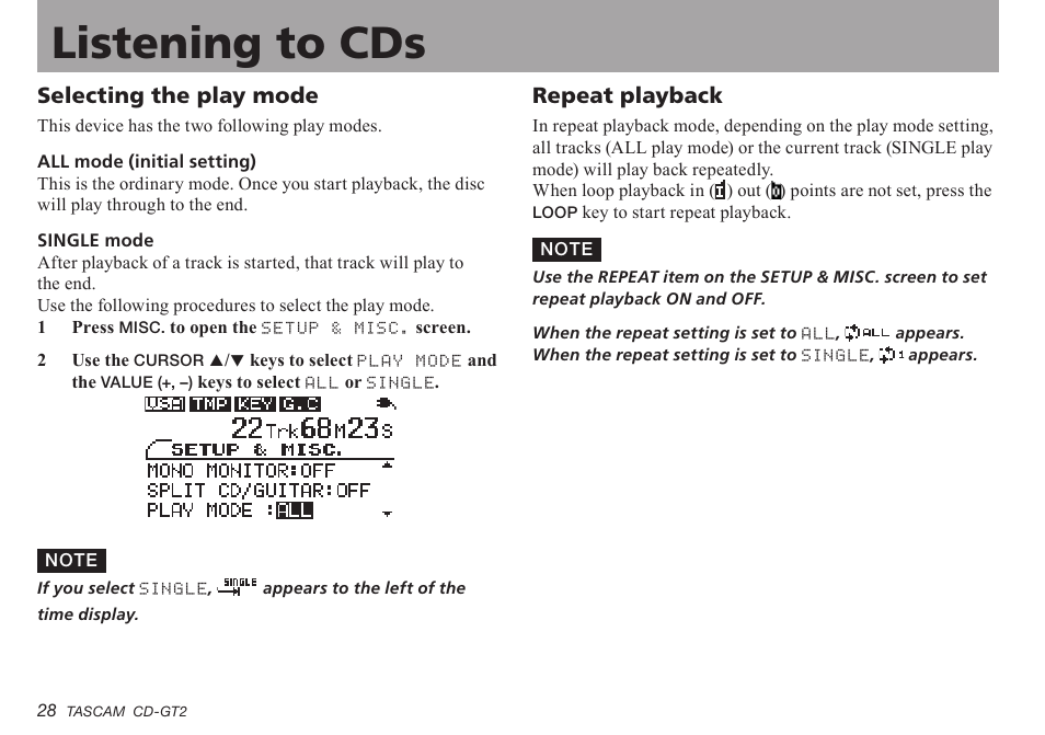 Selecting the play mode, Repeat playback, Important safety precautions listening to cds | Teac CD-GT2 User Manual | Page 28 / 44