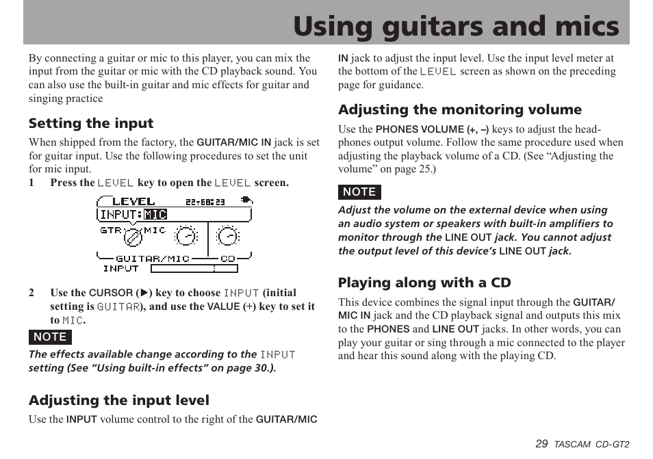 Using guitars and mics, Setting the input, Adjusting the input level | Adjusting the monitoring volume, Playing along with a cd, Important safety instructions | Teac CD-GT2 User Manual | Page 29 / 44