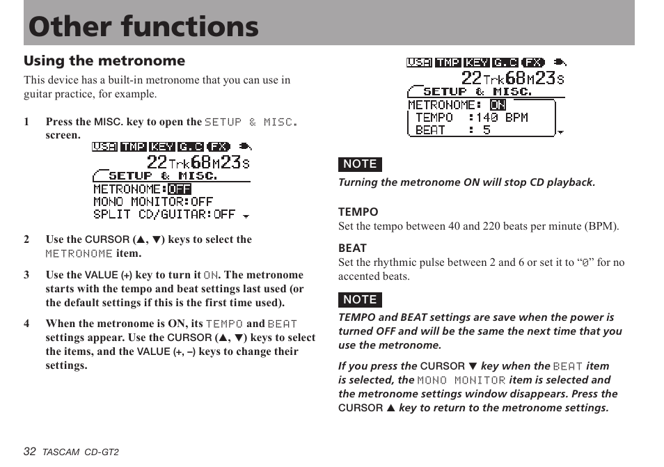 Other functions, Using the metronome, Important safety precautions other functions | Teac CD-GT2 User Manual | Page 32 / 44