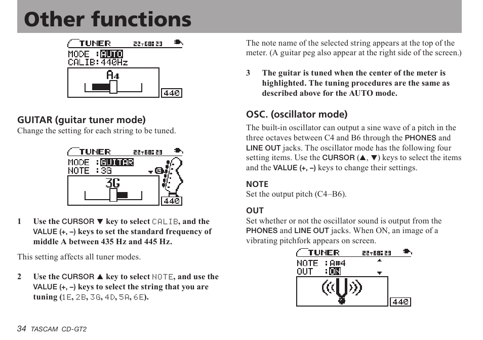 Guitar (guitar tuner mode), Osc. (oscillator mode), Important safety precautions other functions | Teac CD-GT2 User Manual | Page 34 / 44