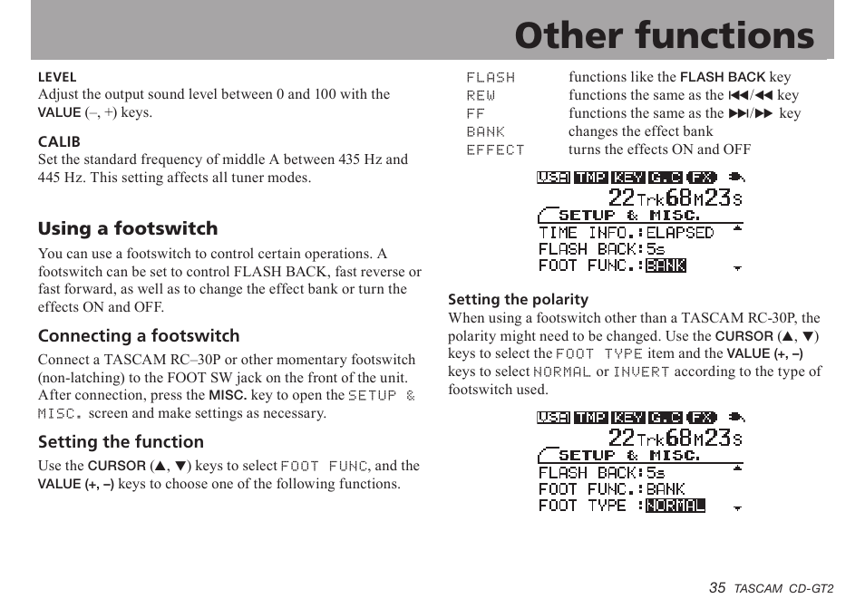 Using a footswitch, Connecting a footswitch, Setting the function | Important safety instructions, Other functions | Teac CD-GT2 User Manual | Page 35 / 44