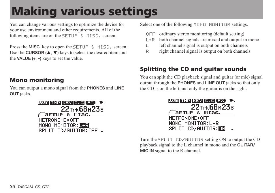 Making various settings, Mono monitoring, Splitting the cd and guitar sounds | Teac CD-GT2 User Manual | Page 36 / 44