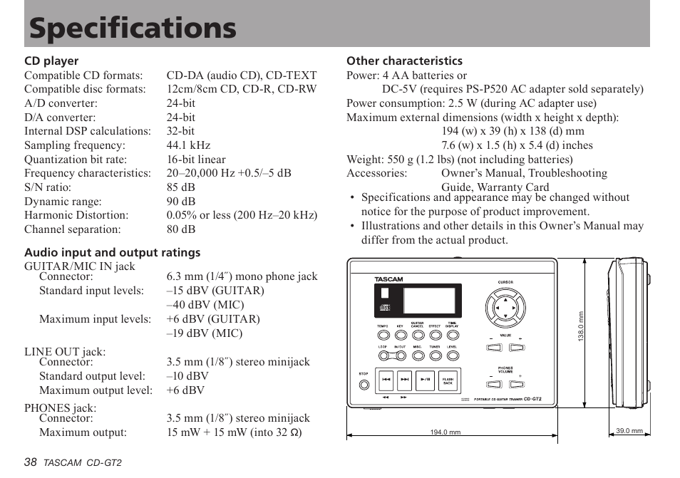 Specifications, Important safety precautions specifications | Teac CD-GT2 User Manual | Page 38 / 44