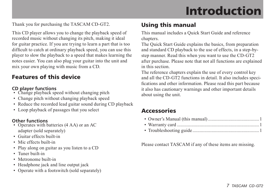 Introduction, Features of this device, Using this manual | Accessories, Important safety instructions | Teac CD-GT2 User Manual | Page 7 / 44