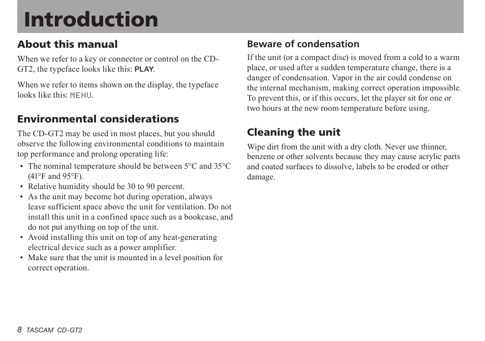 About this manual, Environmental considerations, Beware of condensation | Cleaning the unit, Introduction | Teac CD-GT2 User Manual | Page 8 / 44