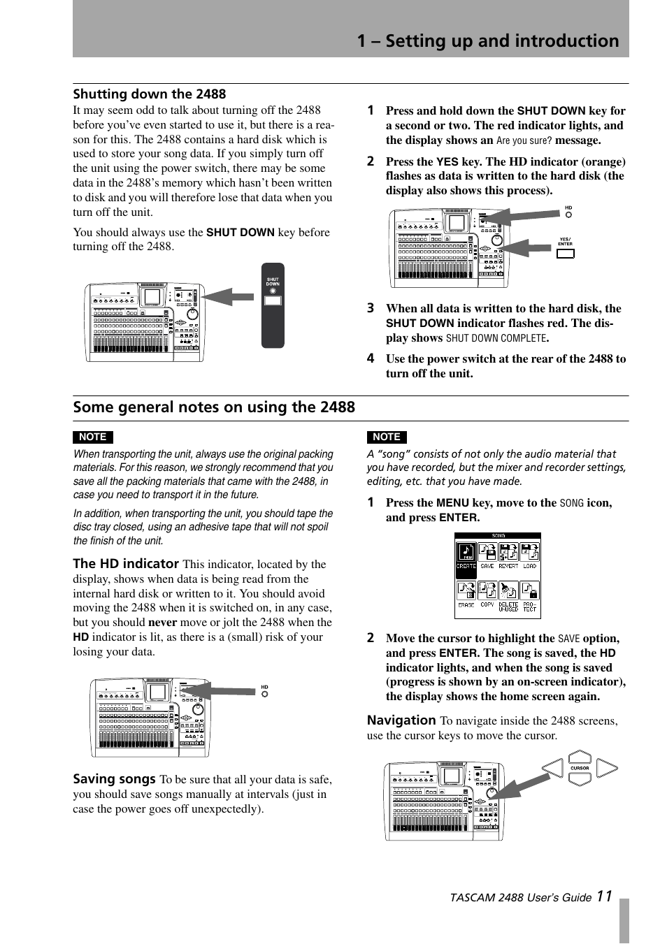 Shutting down the 2488, Some general notes on using the 2488, The hd indicator saving songs navigation | 1 – setting up and introduction | Teac 2488 User Manual | Page 11 / 92