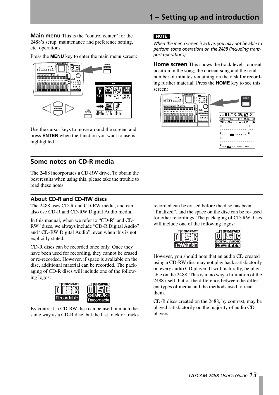 Some notes on cd-r media, About cd-r and cd-rw discs, Main menu home screen | 1 – setting up and introduction | Teac 2488 User Manual | Page 13 / 92