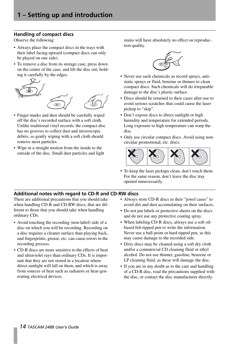 Handling of compact discs, Additional notes with regard to cd-r and, Cd-rw discs | 1 – setting up and introduction | Teac 2488 User Manual | Page 14 / 92