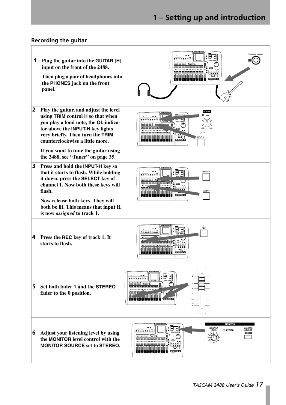 Recording the guitar, 1 – setting up and introduction | Teac 2488 User Manual | Page 17 / 92