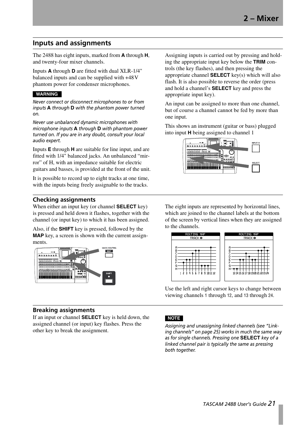 2 - mixer, Inputs and assignments, Checking assignments | Breaking assignments, 2 – mixer | Teac 2488 User Manual | Page 21 / 92