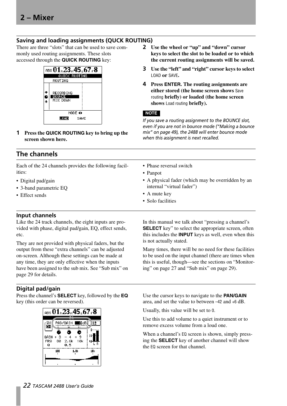 Saving and loading assignments (quck routing), The channels, Input channels | Digital pad/gain, Saving and loading assignments (quck, Routing), 2 – mixer | Teac 2488 User Manual | Page 22 / 92