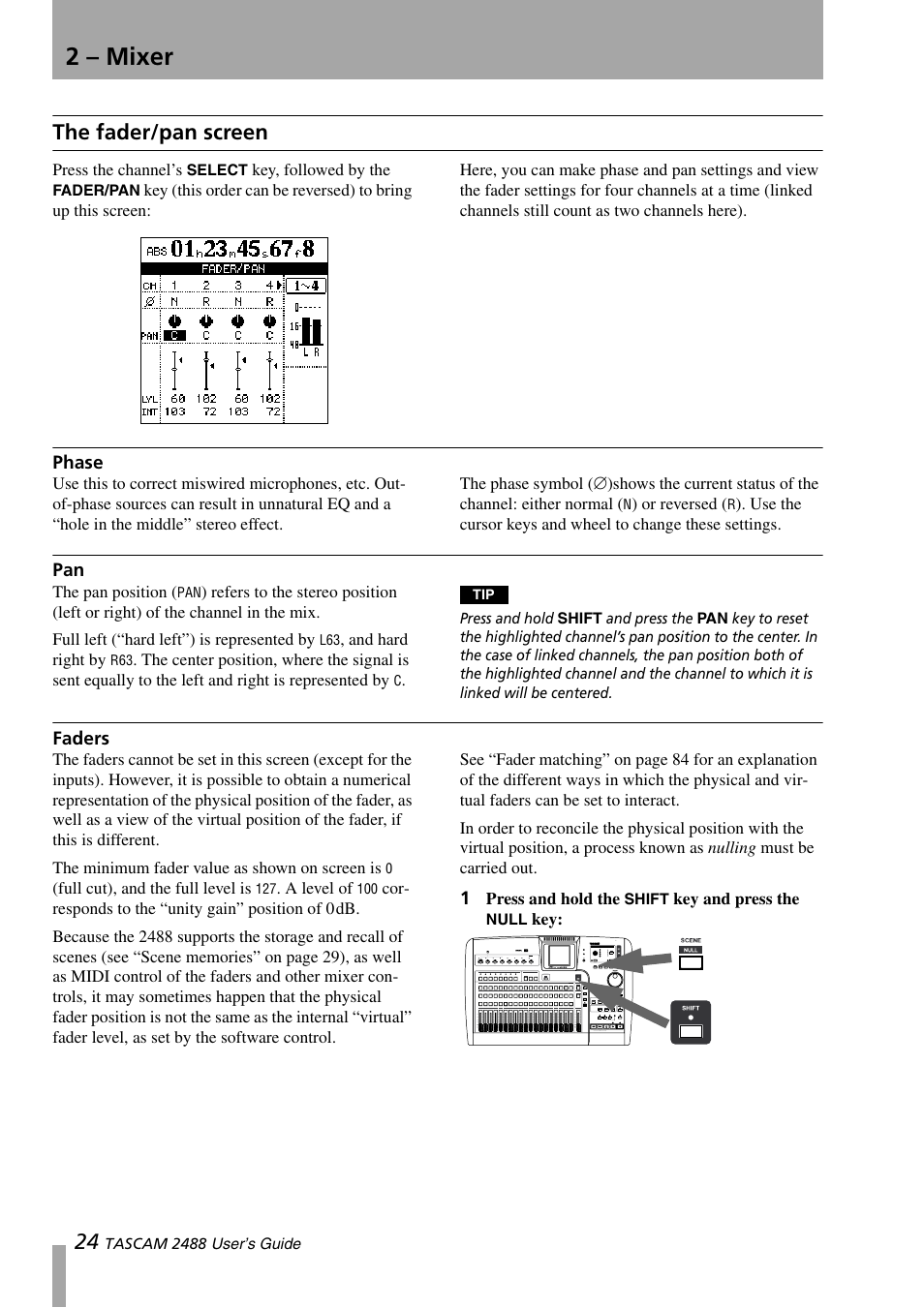 The fader/pan screen, Phase, Faders | 2 – mixer | Teac 2488 User Manual | Page 24 / 92