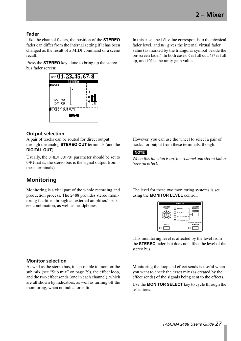 Fader, Output selection, Monitoring | Monitor selection, 2 – mixer | Teac 2488 User Manual | Page 27 / 92