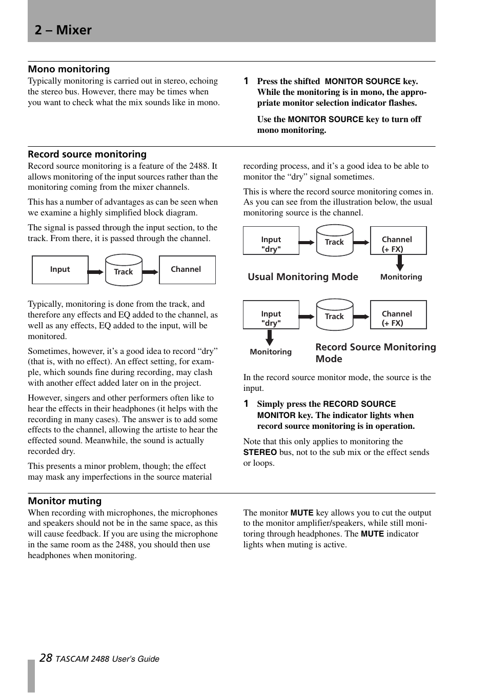 Mono monitoring, Record source monitoring, Monitor muting | 2 – mixer | Teac 2488 User Manual | Page 28 / 92