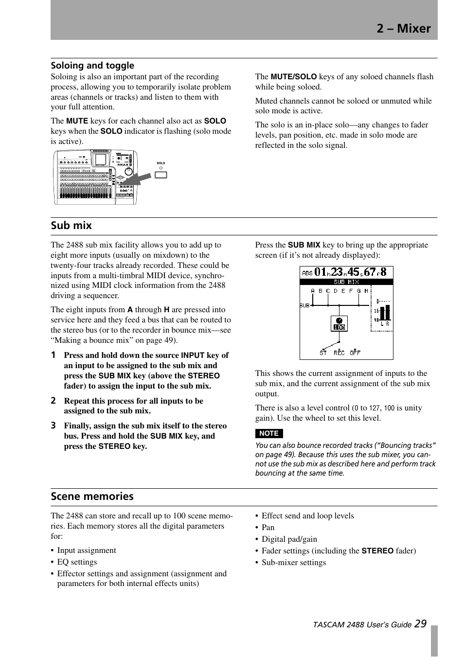 Soloing and toggle, Sub mix, Scene memories | 2 – mixer | Teac 2488 User Manual | Page 29 / 92